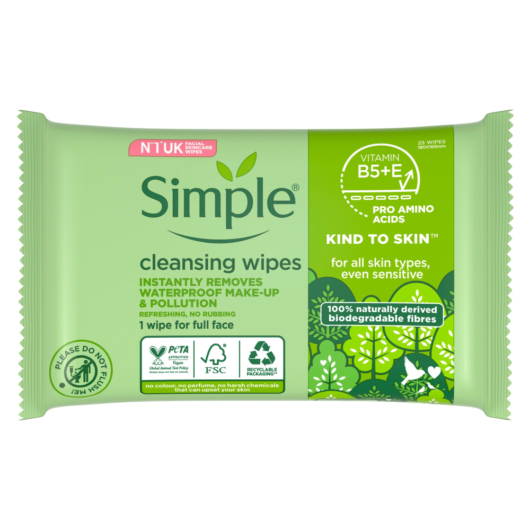Simple Kind To Skin Biodegradable Face Wipes 25s