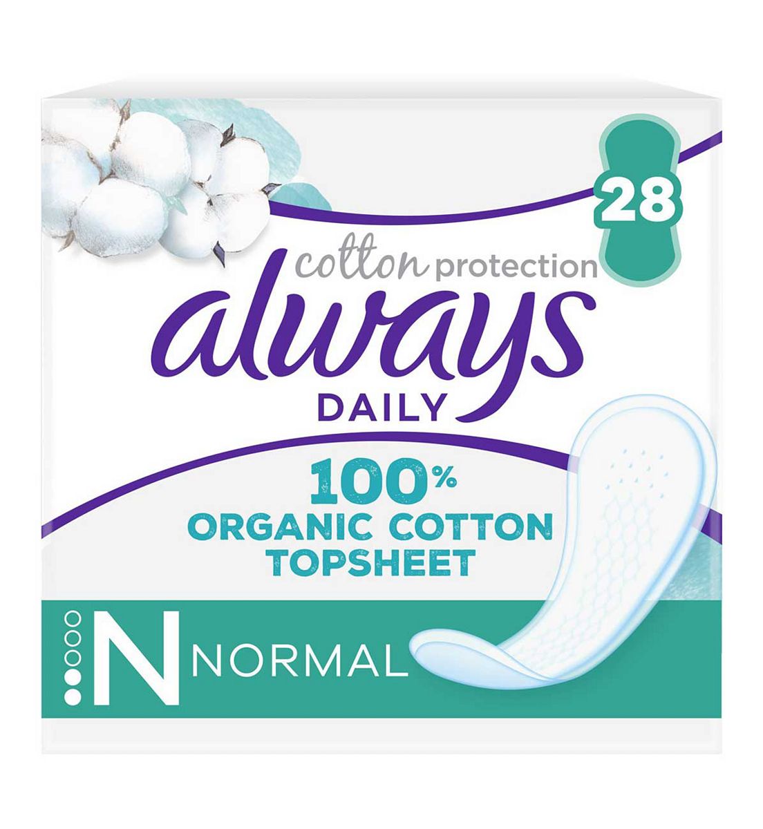 Always Dailies Cotton Protection Panty Liners Normal 28 Liners, 100% Organic Topsheet