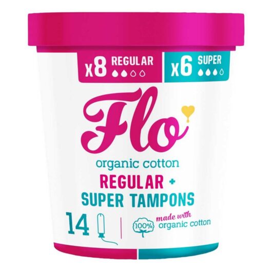 FLO Organic Cotton Applicator Tampons Combo Pack 8 Regular + 6 Super Tampons, Made From 100% Absorbent+Soft