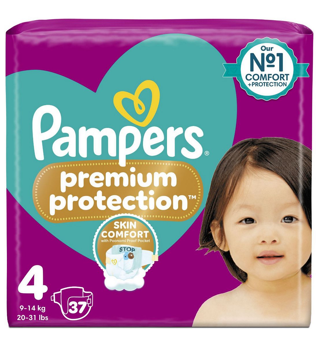 Pampers Premium Protection Size 4, 37 Nappies, 9Kg - 14Kg, Essential Pack