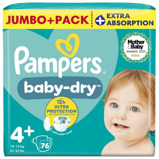 Pampers Size 4+ Baby Dry Nappies Jumbo+ 9-14Kg 76S